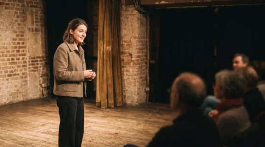 Jeune adulte timide debout sur une scène de théâtre à Paris, regardant le public avec une expression d'hésitation bienveillante