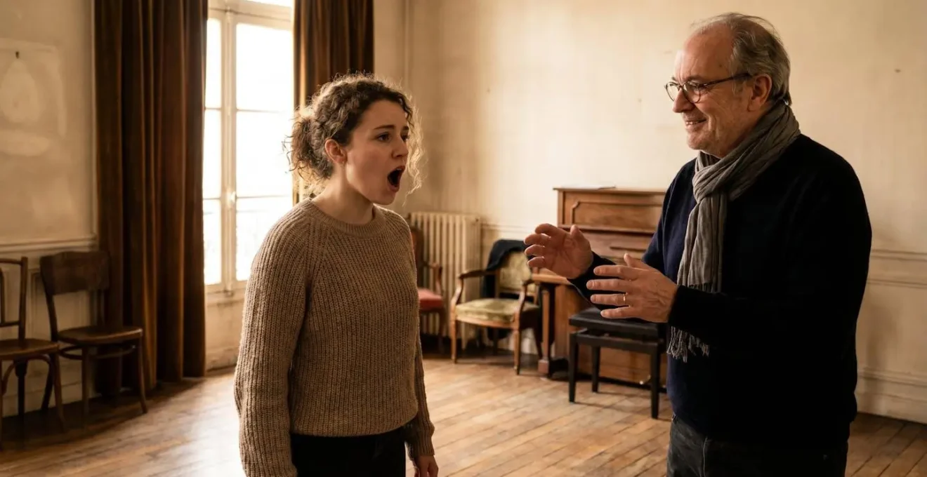 Adulte en cours de théâtre à Paris travaillant son expression vocale avec un enseignant professionnel lors d'un exercice de diction